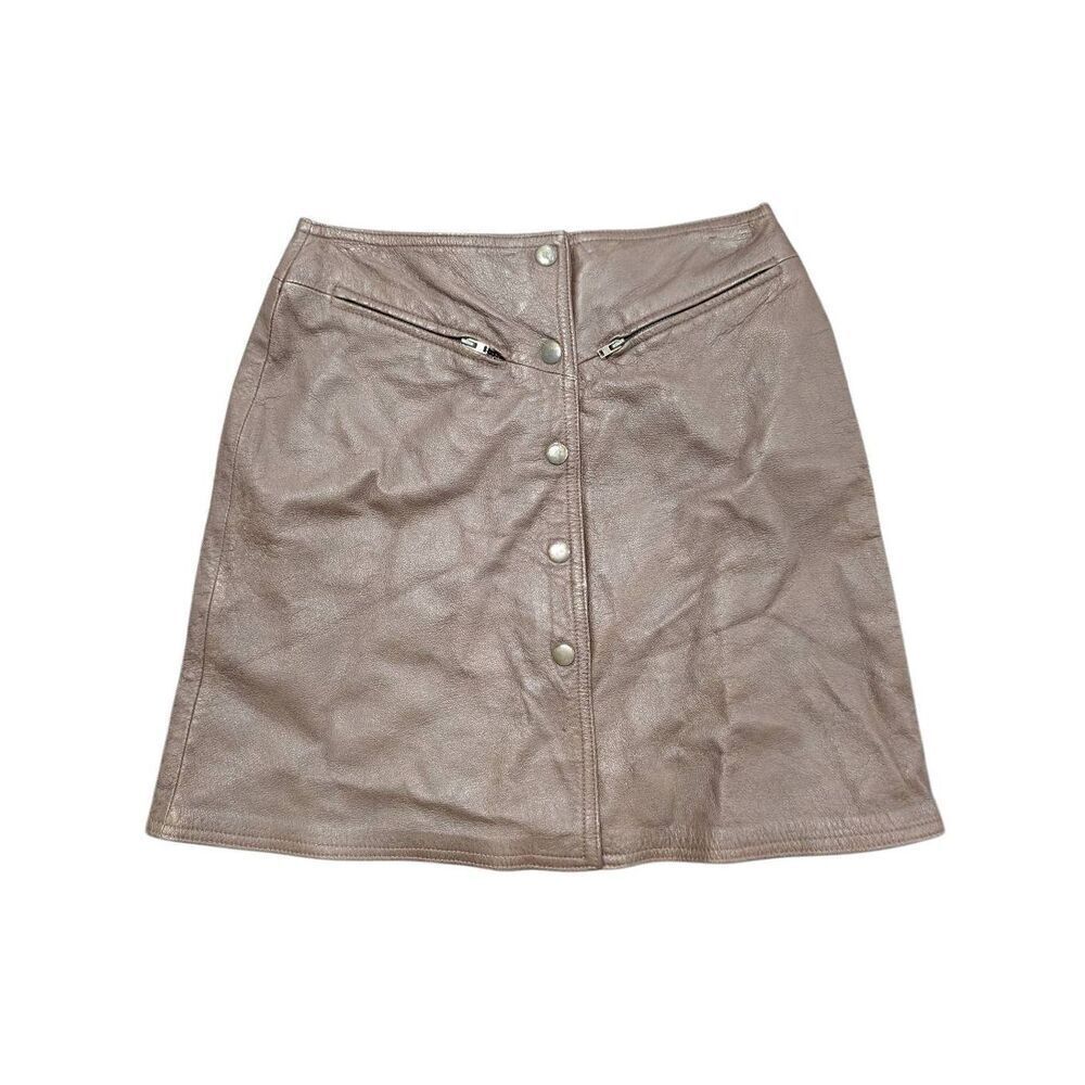 Styleworks Brown Grain Leather Lined Mini Skirt Button Up Front w Pockets Women'